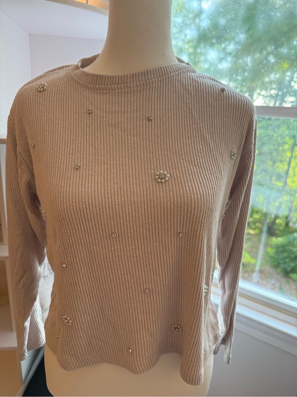 Zara Embellished Rib-Knit Long Sleeve Top - Kids Size 9-10